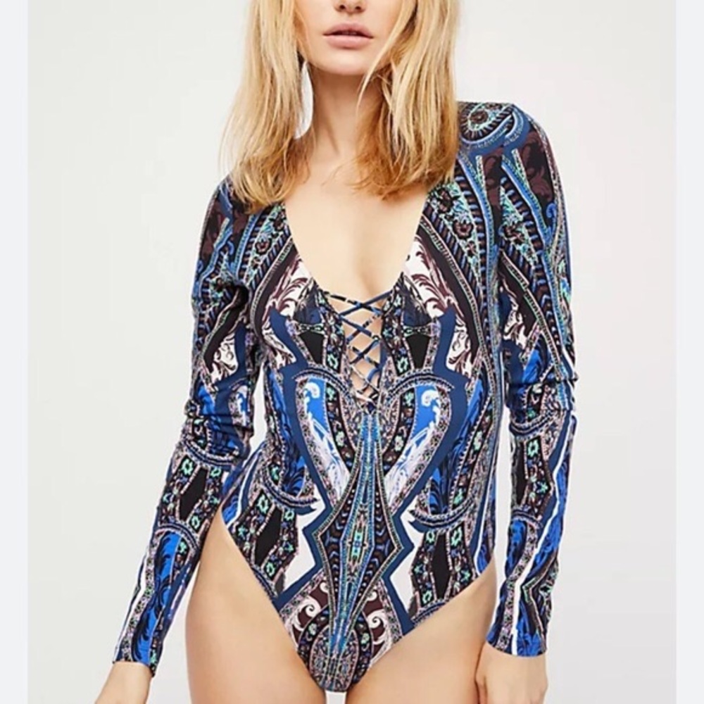 Free people pick a place print multicolor lace up cotton blend bodysuit sz.S